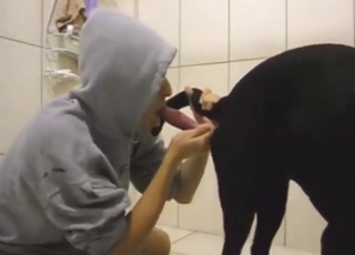 Hoodie-wearing fucker puts dog dick in that mouth